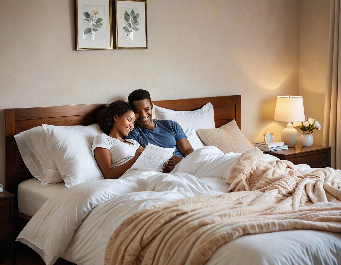 A serene bedroom scene featuring a cozy bed with fluffy pillows and soft blankets, bathed in warm morning light. In the foreground, a couple enjoys a moment of connection and laughter, symbolizing strong relationships, while a comforting insurance policy document subtly rests on the bedside table. The composition conveys peace, harmony, and security in both sleep and bonds. soft colors. warm lighting. painting.