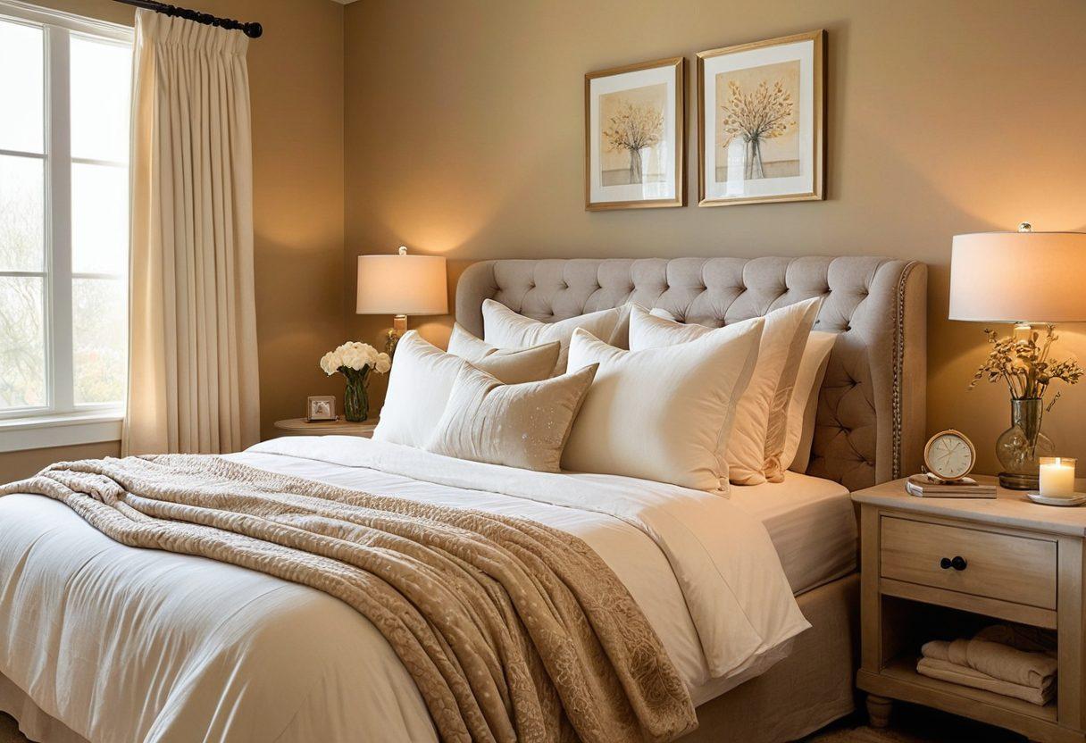 A serene bedroom setting featuring an inviting, plush bed with soft linens and cozy pillows. Include a nightstand with a comforting lamp emitting a warm glow, and a window showing a peaceful night sky with stars. Incorporate elements that symbolize coverage, like a gentle blanket wrapped around the bed, signifying protection and comfort. Add soft, ambient lighting for a calming effect. painting. warm colors. natural textures.